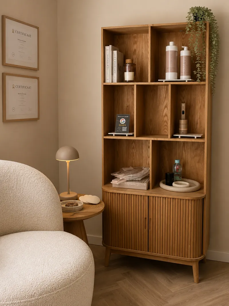 Interieur: certificaten en productenkast in Studio Eslaine