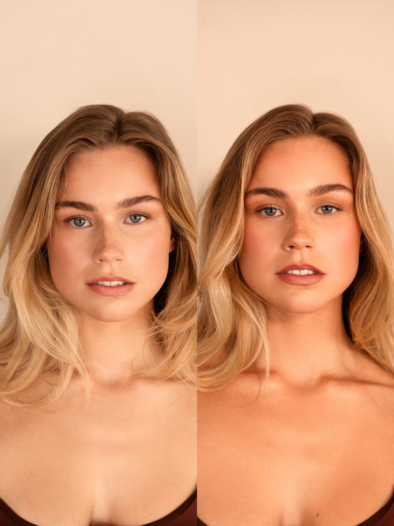 Spray tan voor en na — lichte huid
