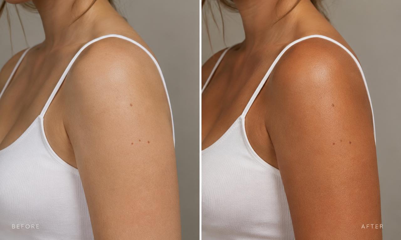 Spray tan voor en na — olijf huid