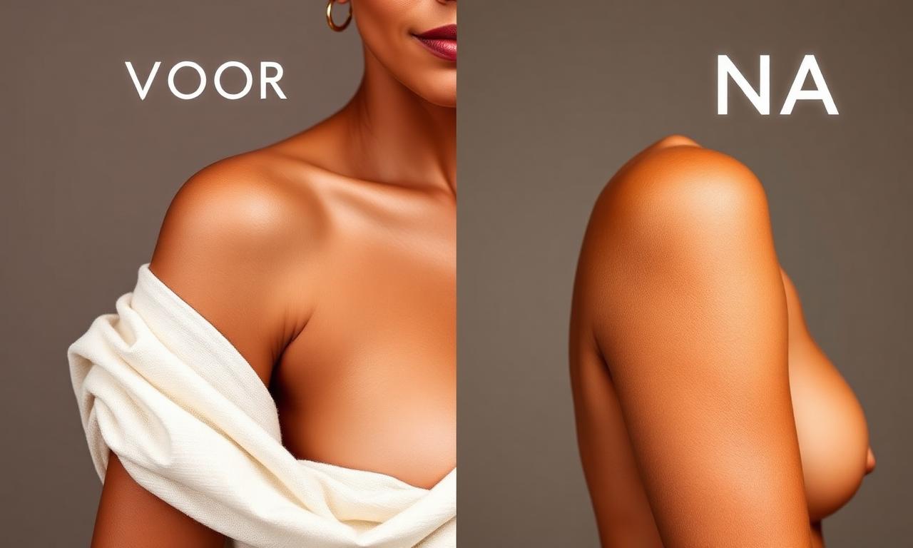 Spray tan voor en na — olijf huid