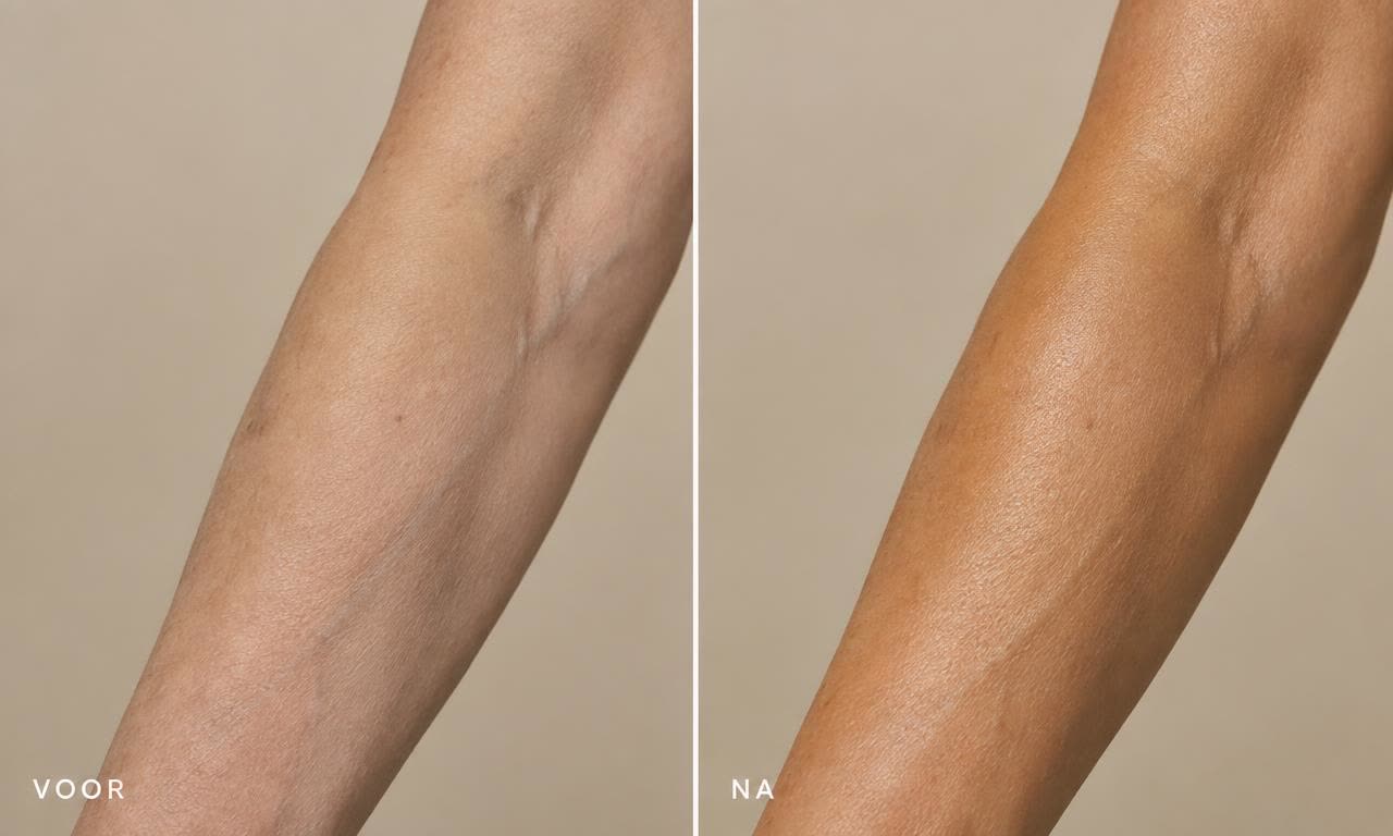 Spray tan voor en na — onderarm — mature huid