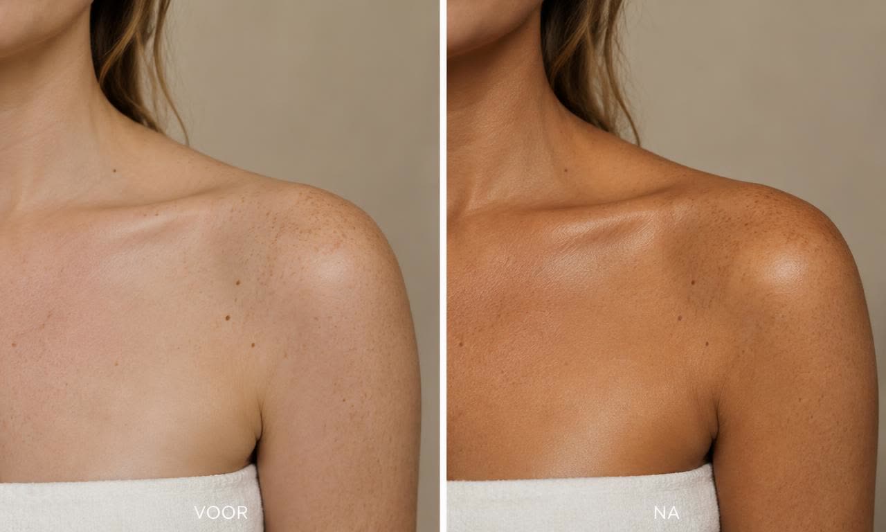 Spray tan voor en na — schouders — sproetjes