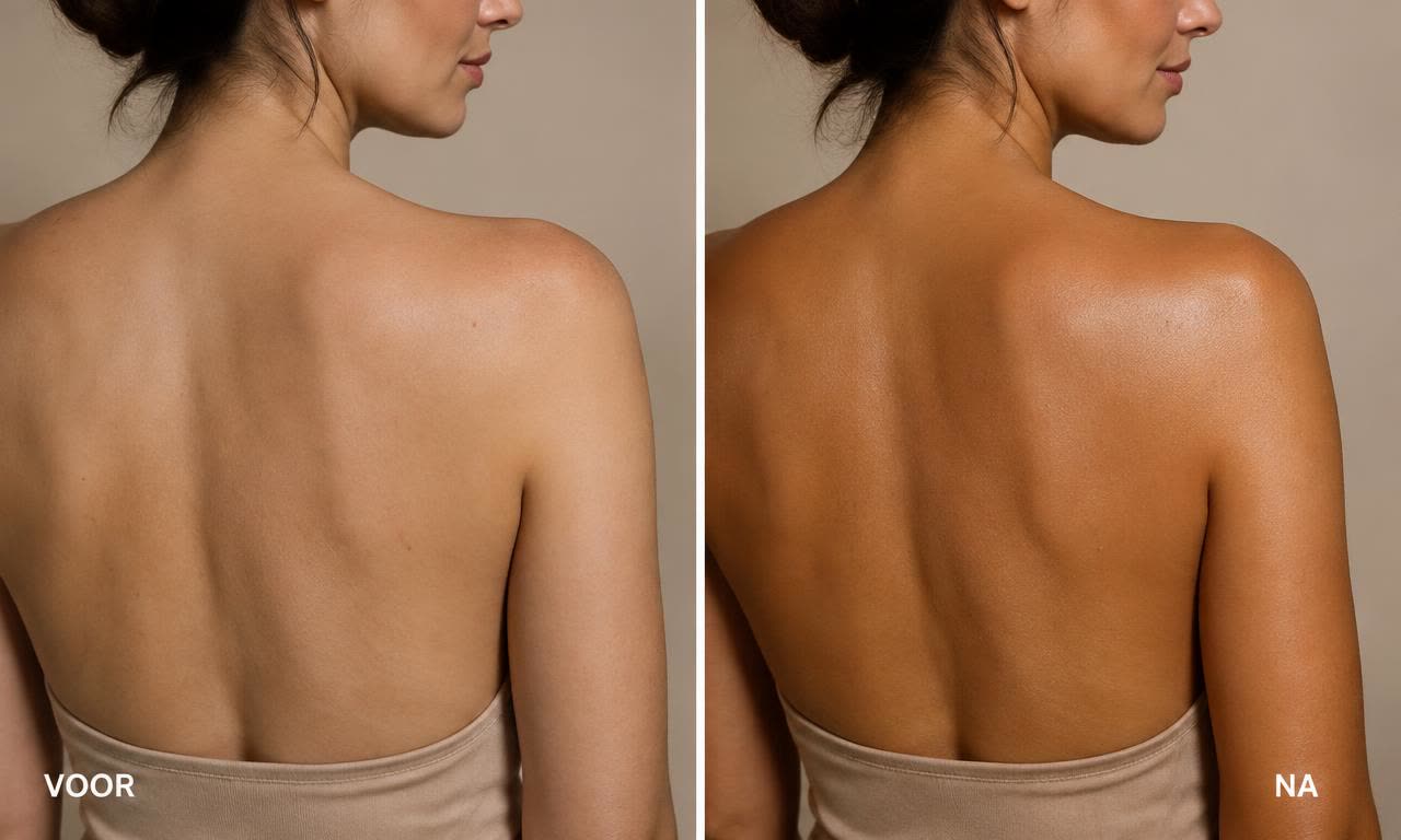 Spray tan voor en na — rug & profiel — olijf