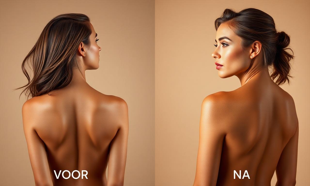 Spray tan voor en na — rug & profiel — olijf