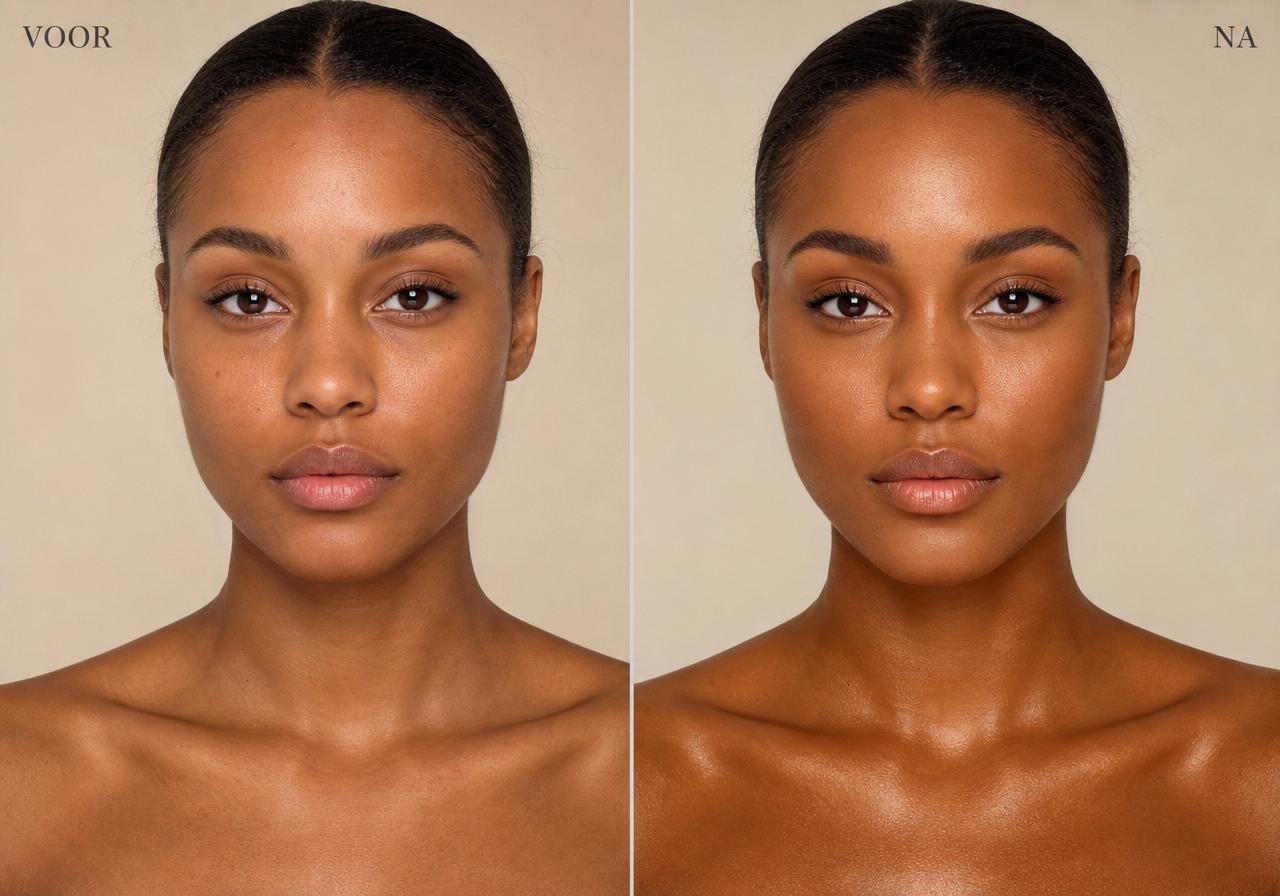 Spray tan voor en na — donkere huid