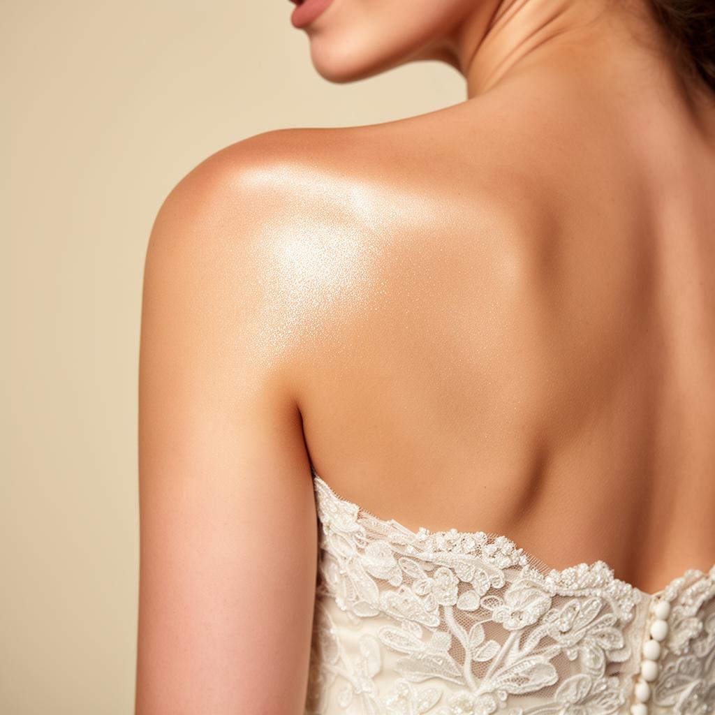 Bruid met natuurlijke gouden glow op schouder en decolleté