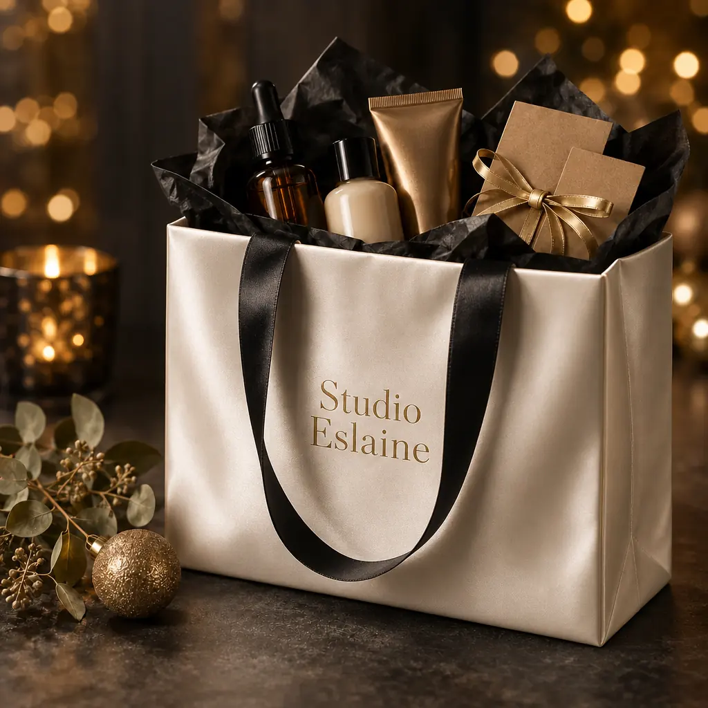 Luxe witte goodiebag met zwart lint en gouden Studio Eslaine lettering, gevuld met beauty-samples en cadeaubonnen